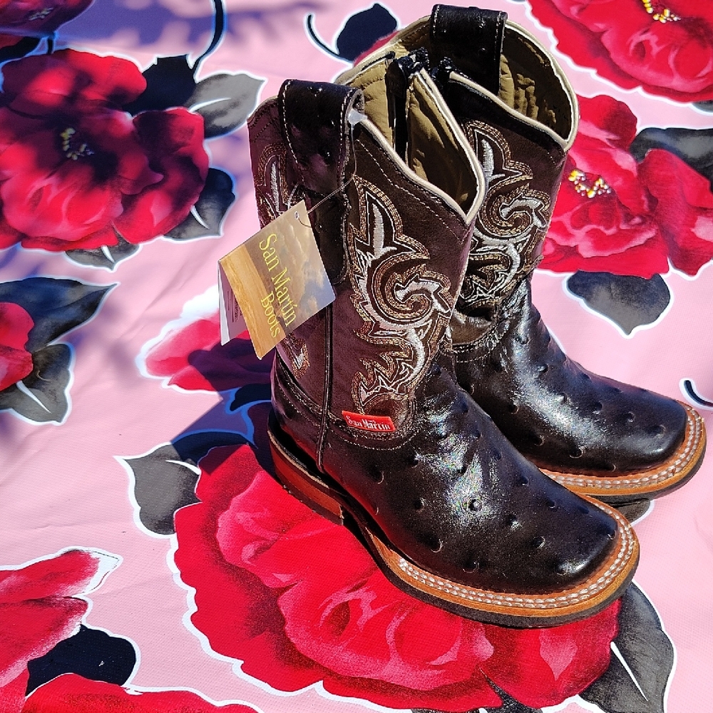 ( Girls ) Leather Dark Brown Ostrich Leather Boots.
